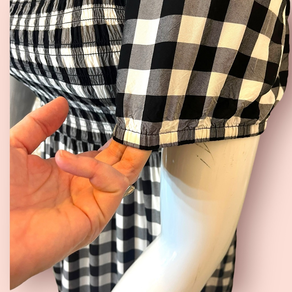Place Gingham Shirred Ruffle Dress, L, Black White - Picture 10 of 15